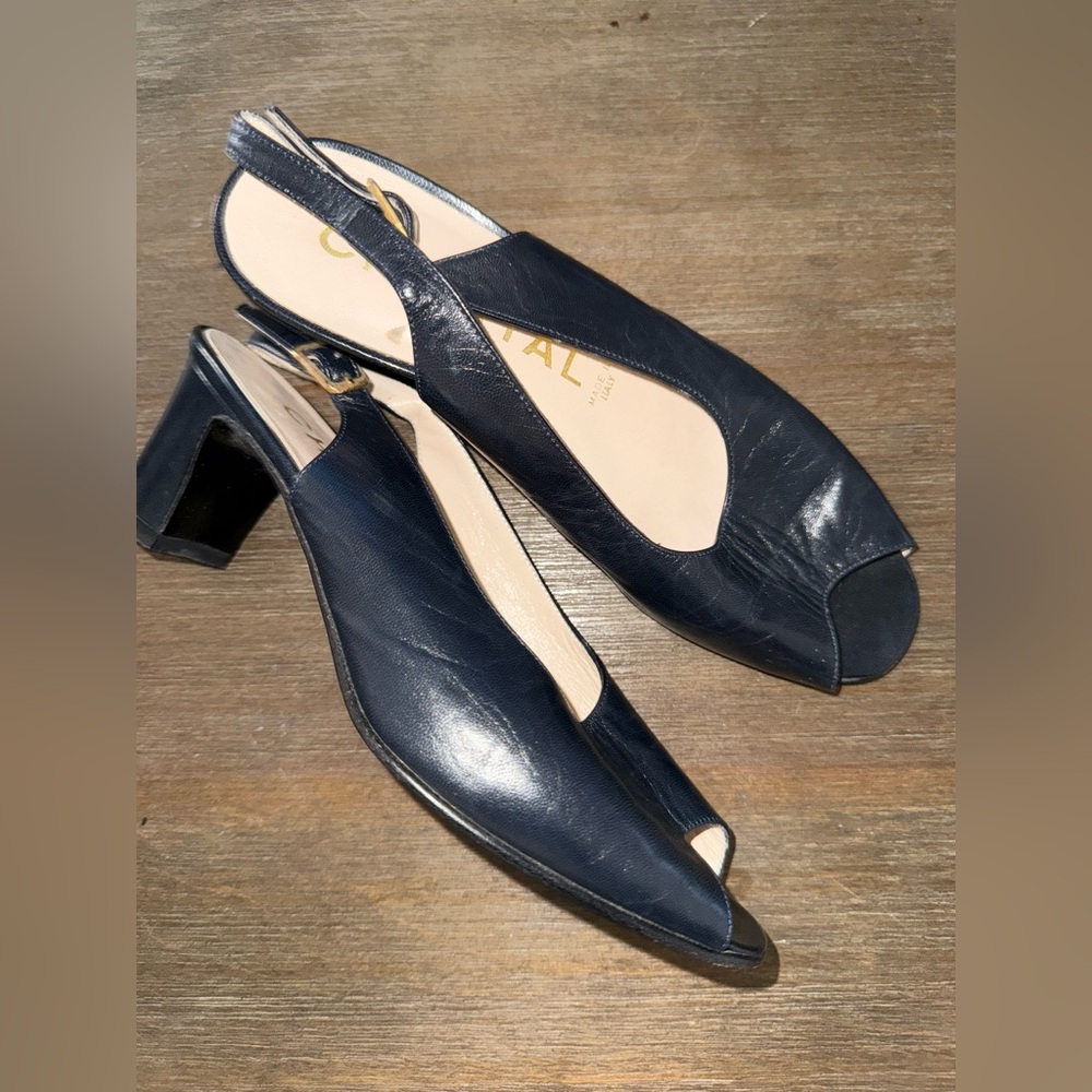 Chantal dark blue leather peep-toe slingback heels